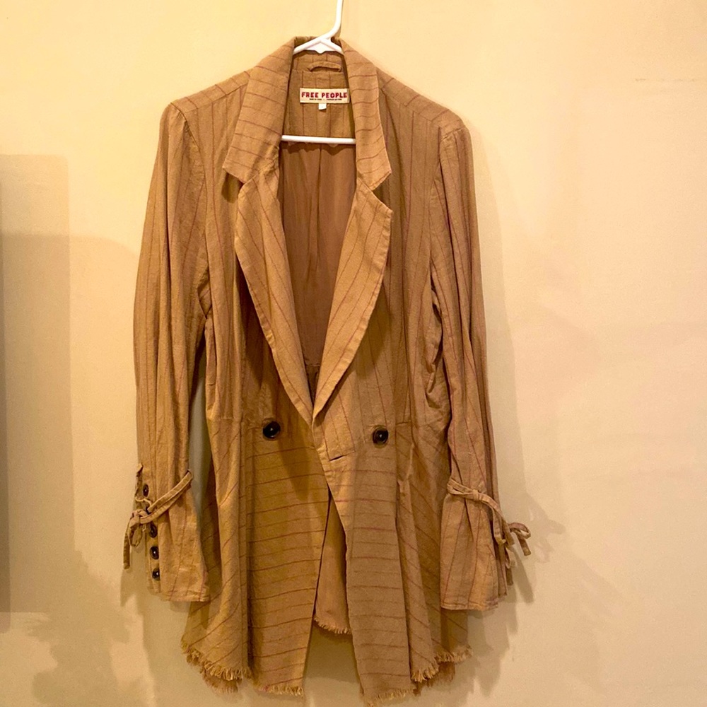 Free People Brand New Large Tan Blazer with Red Stripes and Waist/Wrist Detail